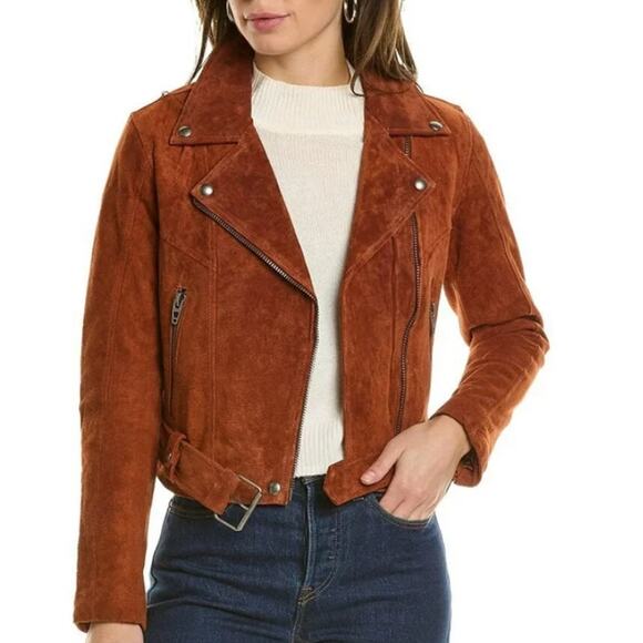 Blank NYC Rust Leather Suede Silver Hardware Attached Belt Moto Jacket Size L - Picture 6 of 7